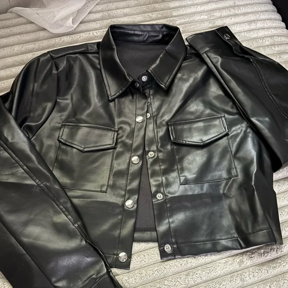 SHEIN Shiny Black Leather Jacket - Picture 2 of 2